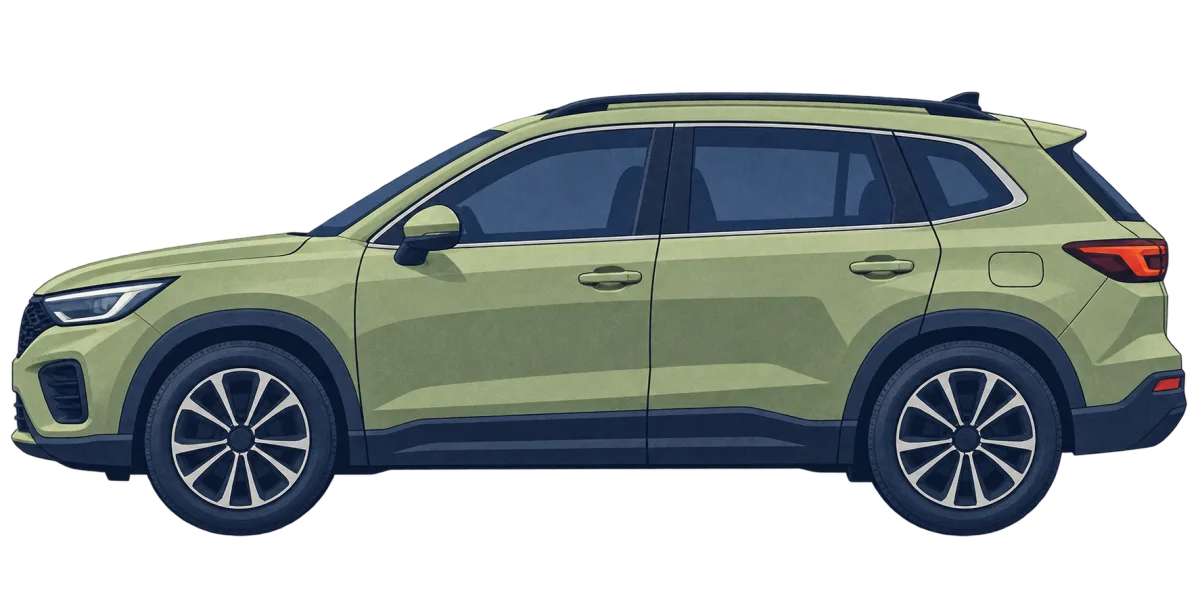 Ilustraci&oacute;n: un SUV crossover sin emblemas, de color verde salvia y visto de perfil, representa un coche gen&eacute;rico en el diagrama de impuestos