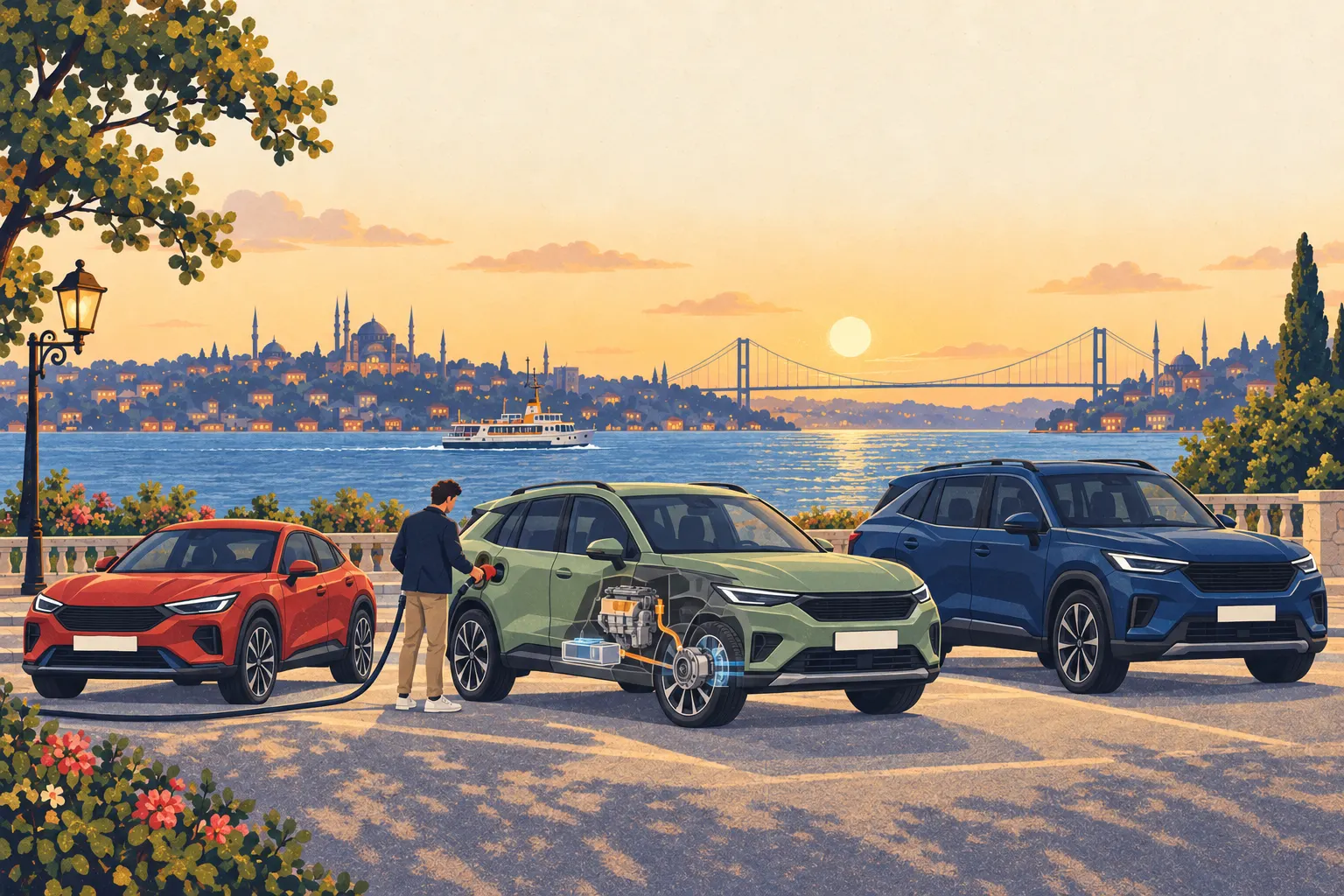 Ilustraci&oacute;n: tres SUV crossover sin emblemas junto al agua en Estambul; el del centro muestra en secci&oacute;n un sistema de propulsi&oacute;n el&eacute;ctrica alimentado por gasolina