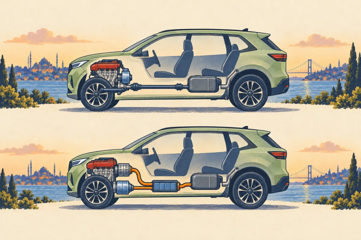 Ilustraci&oacute;n: dos SUV crossover sin emblemas vistos en secci&oacute;n; se compara una transmisi&oacute;n mec&aacute;nica de gasolina con un generador de gasolina y un motor el&eacute;ctrico independiente que mueve las ruedas
