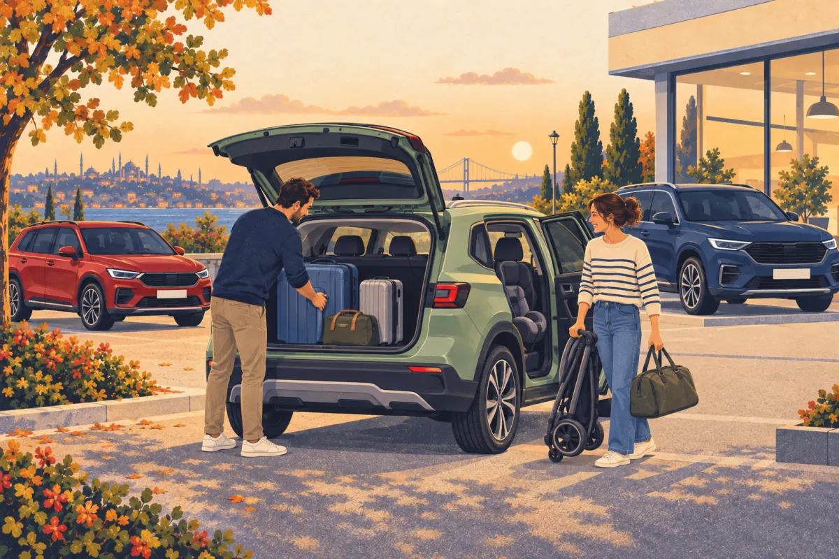 Ilustraci&oacute;n: una pareja prueba c&oacute;mo caben su cochecito y sus maletas en el maletero de un SUV crossover; se ve una silla infantil a trav&eacute;s de la puerta trasera abierta