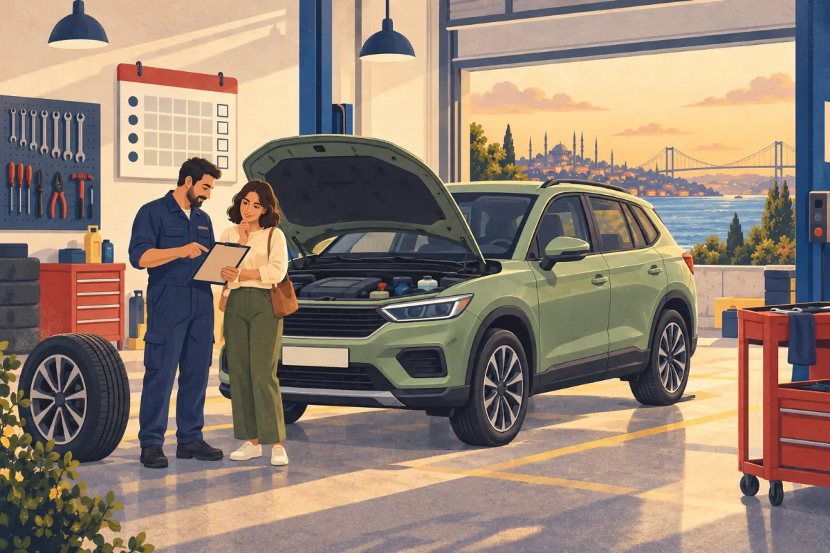 Ilustraci&oacute;n: un mec&aacute;nico y un propietario revisan un registro de mantenimiento en blanco junto a un SUV crossover sin emblemas en un taller