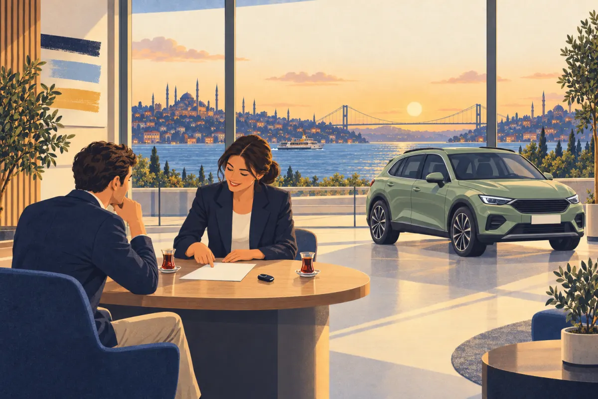 Ilustraci&oacute;n: un comprador y un vendedor comparan un presupuesto en blanco y una llave de coche en una mesa del concesionario, con dos vasos de t&eacute; turco