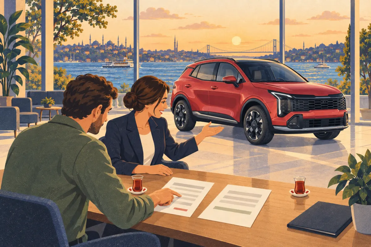 تصویرسازی: یک خریدار و مشاور در نمایشگاهی در ترکیه، کنار Kia Sportage پیشنهاد قیمت کتبی را مقایسه میکنند؛ همراه با برگههای بدون نوشته و استکانهای چای