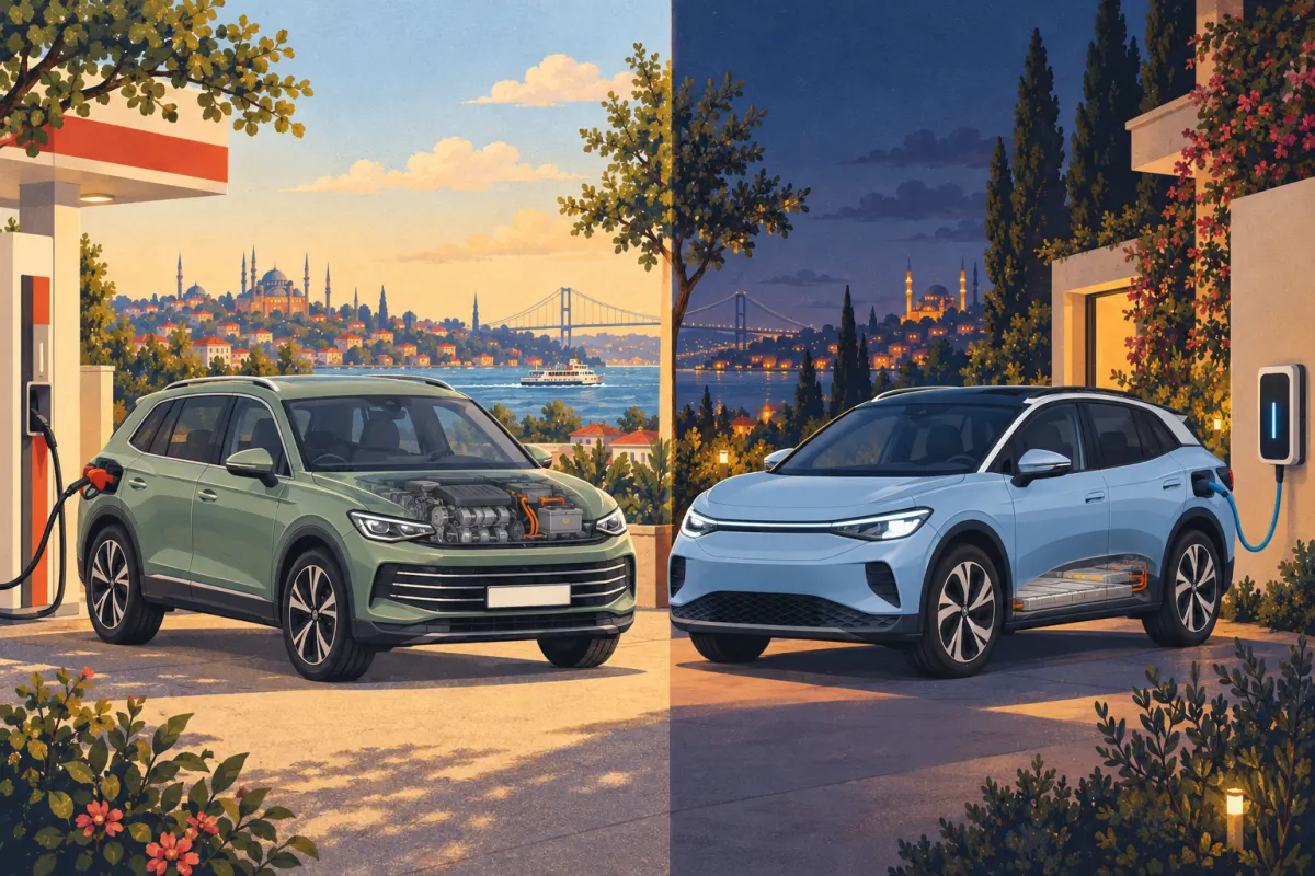 Illustration: a Volkswagen Tiguan eTSI at a petrol pump beside an ID.4 charging at home