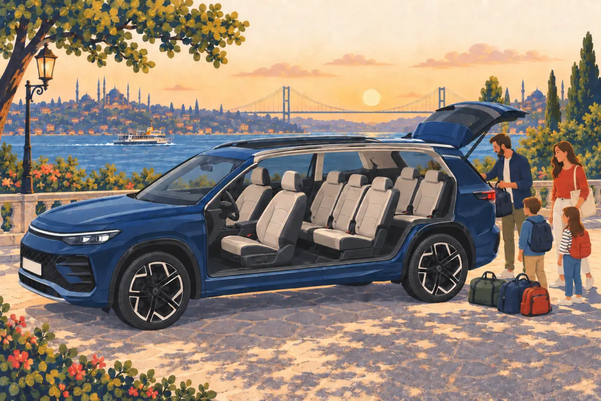 Illustration: a Volkswagen Tayron with its side cut away to show seven seats in three rows, while a family loads bags at the tailgate