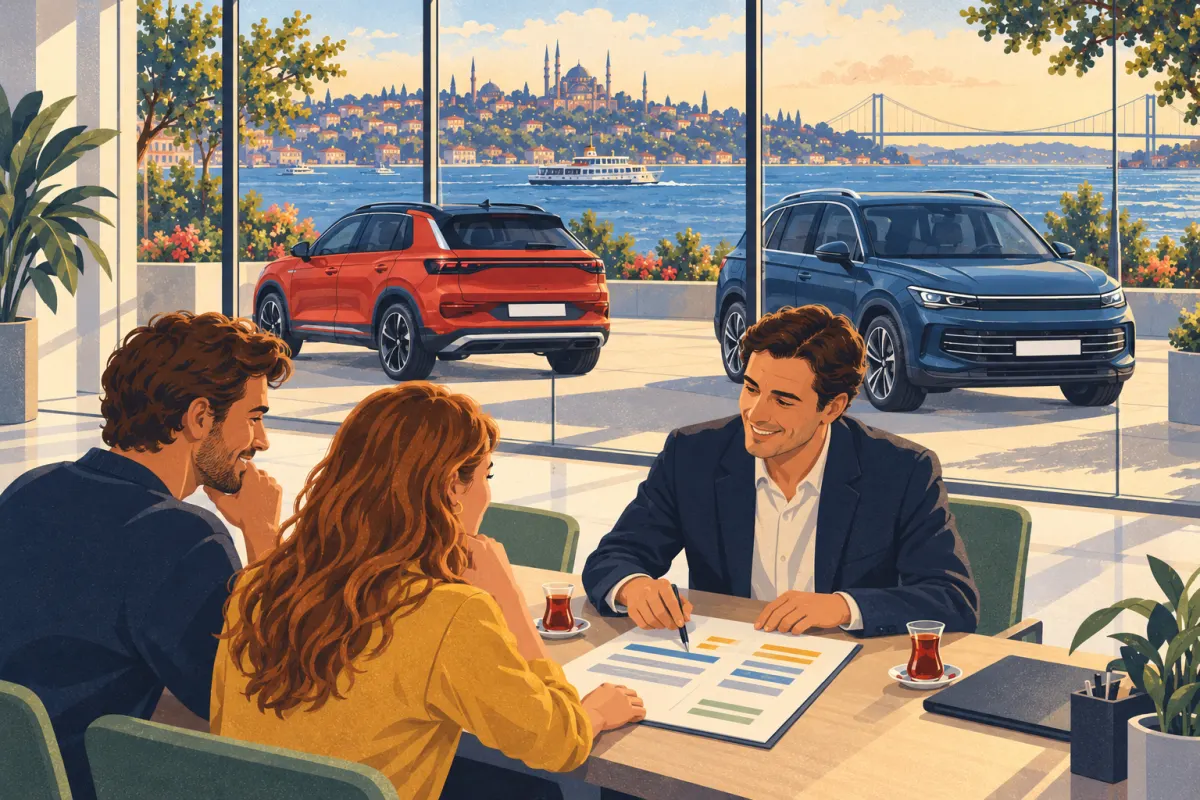 Illustration: a buyer and a salesperson go through an itemised quote over Turkish tea, with a T-Roc and a Tiguan beyond the glass