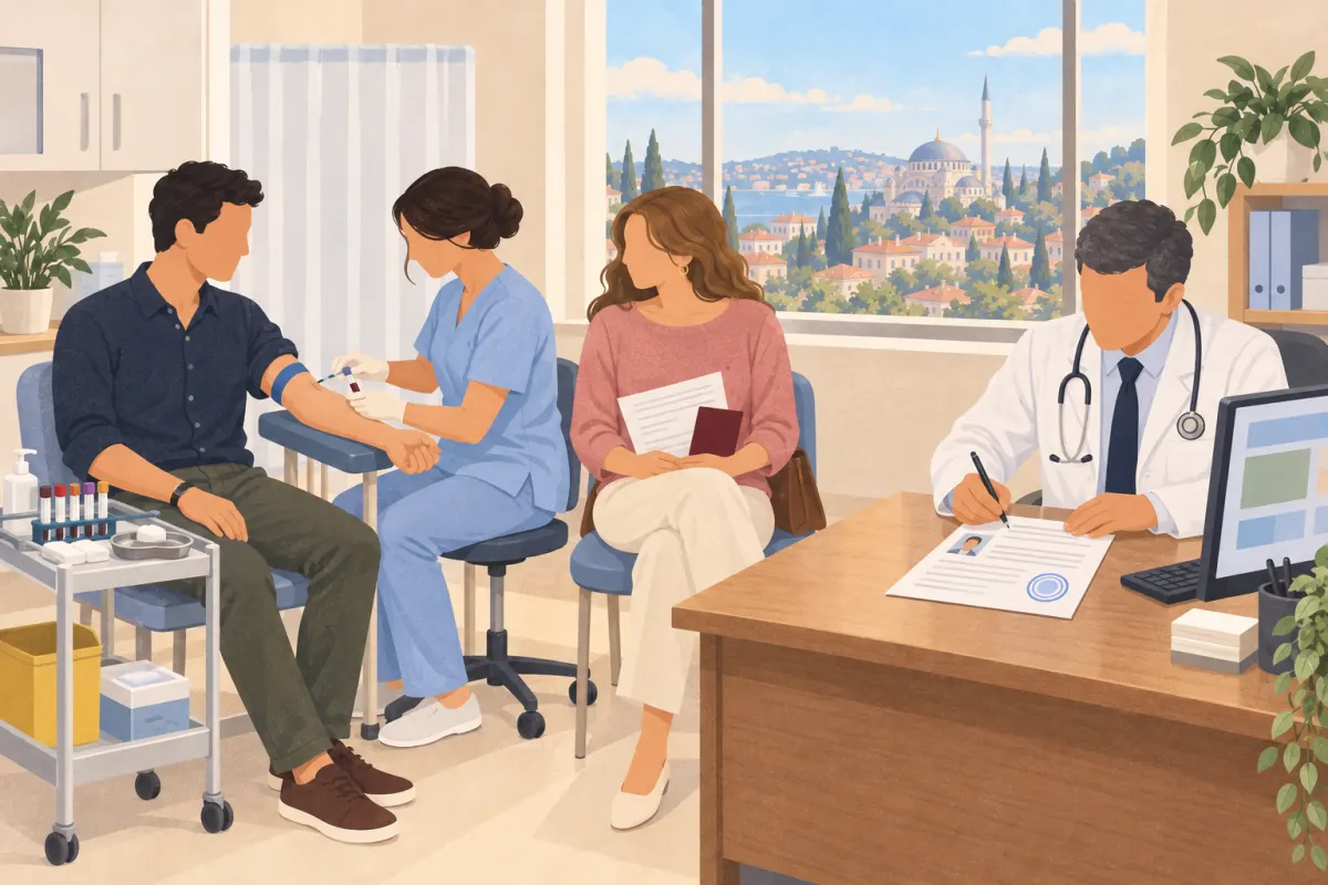 Illustration: a couple at a family doctor before their wedding; a nurse takes a blood sample from the man while the doctor fills in a health report with a photo