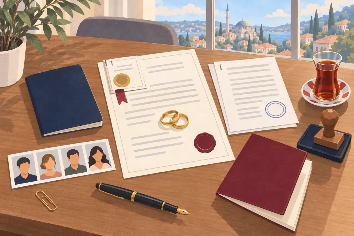 Illustration: marriage paperwork on a desk: a passport, a certificate with a seal and an apostille, a stamped translation, passport photos, a family booklet and two wedding rings