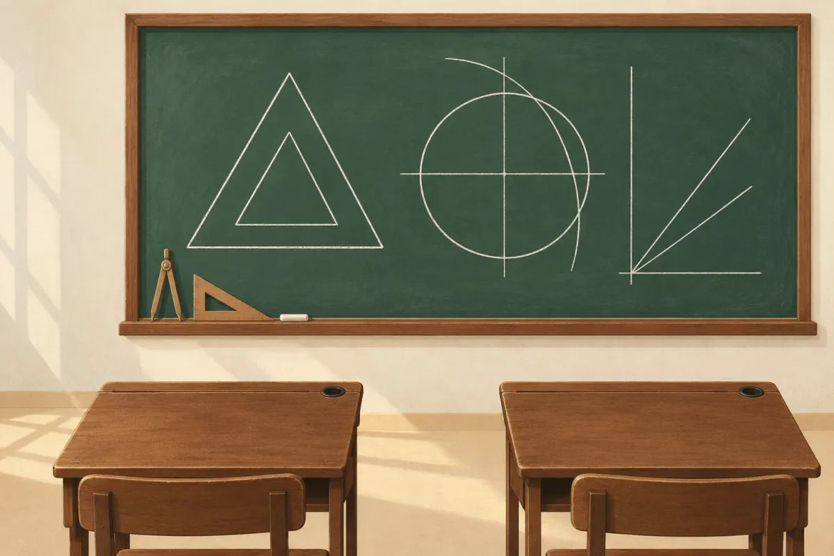 Illustrazione: una lavagna verde su cui sono disegnati con il gesso un triangolo, un cerchio e un arco di compasso, con un compasso in legno e una squadra sul ripiano e due banchi scolastici vuoti in legno davanti