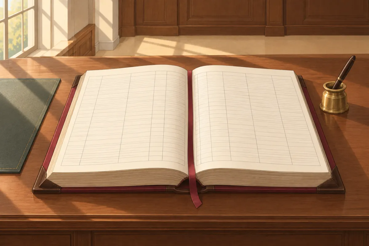 Illustrazione: un grande registro aperto con colonne rigate vuote, un calamaio in ottone con una penna e un tampone piatto per asciugare l&rsquo;inchiostro su una scrivania in legno