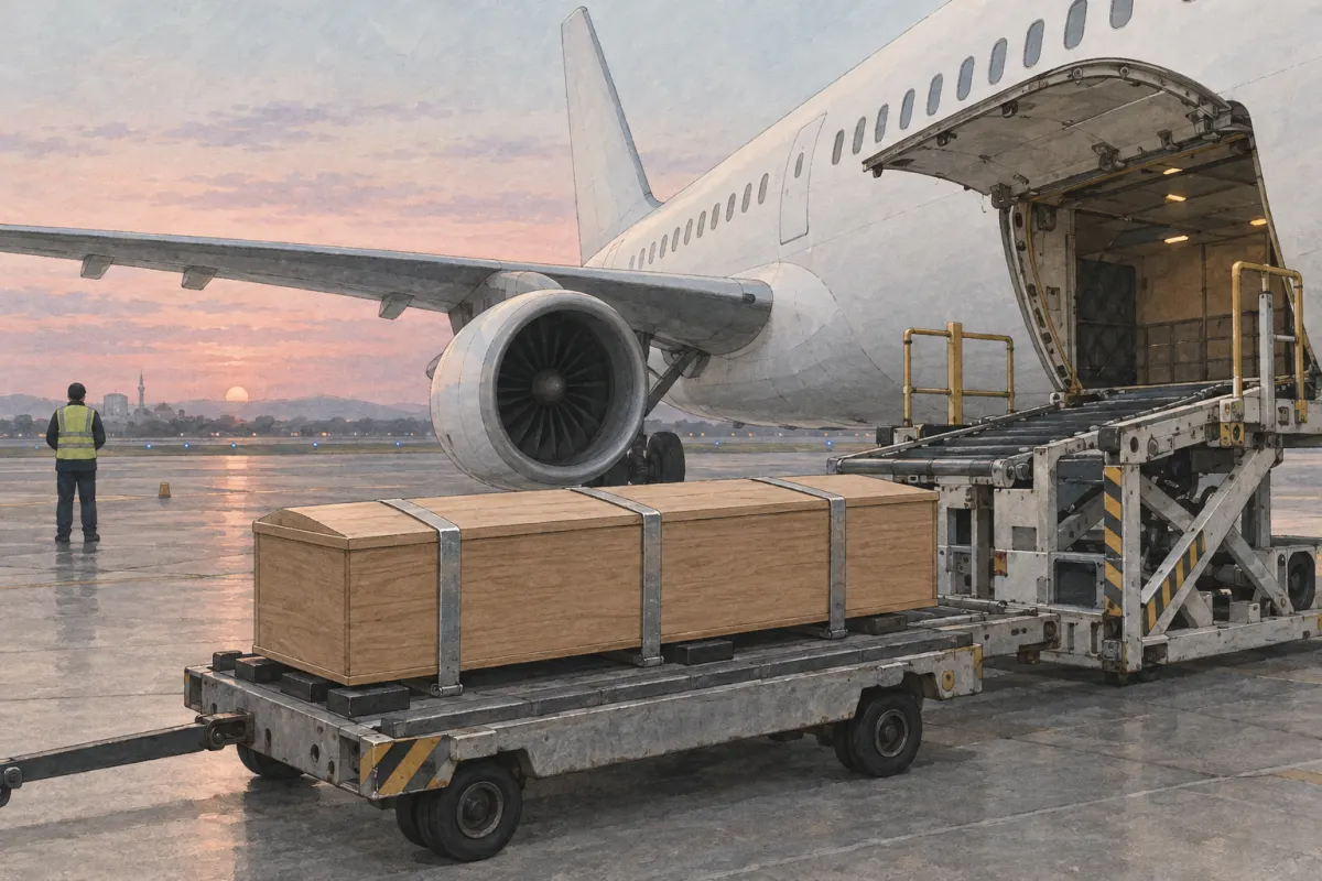 Ilustrație: un sicriu din lemn &icirc;nchis cu benzi metalice, pe un cărucior de marfă, &icirc;n fața calei deschise a unui avion, &icirc;n lumina dimineții