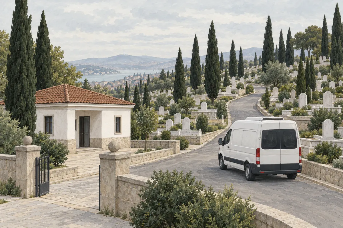 Ilustrație: un cimitir din Turcia, pe un deal, cu chiparoși și pietre funerare albe, simple; pe alee se află un dric alb al primăriei, iar &icirc;n st&acirc;nga, o clădire mică pentru spălări rituale