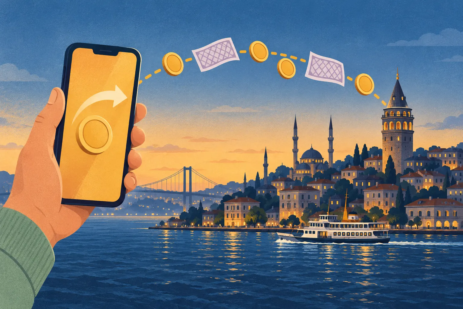 رسم توضيحي: يد تحمل هاتفاً تظهر على شاشته قطعة نقدية وسهم؛ قطع نقدية وورقتان نقديتان تعبر البوسفور في مسار مقوّس نحو إسطنبول عند الغسق، وتحتها برج غلطة ومآذن وعبّارة