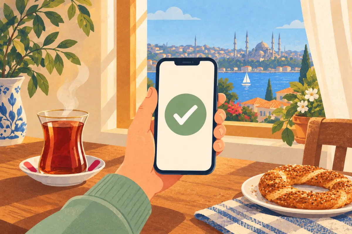 رسم توضيحي: يد تحمل هاتفاً تظهر عليه علامة صح خضراء فوق طاولة مطبخ عليها كأس شاي وكعكة خبز حلقية بالسمسم، وتظهر إسطنبول من النافذة