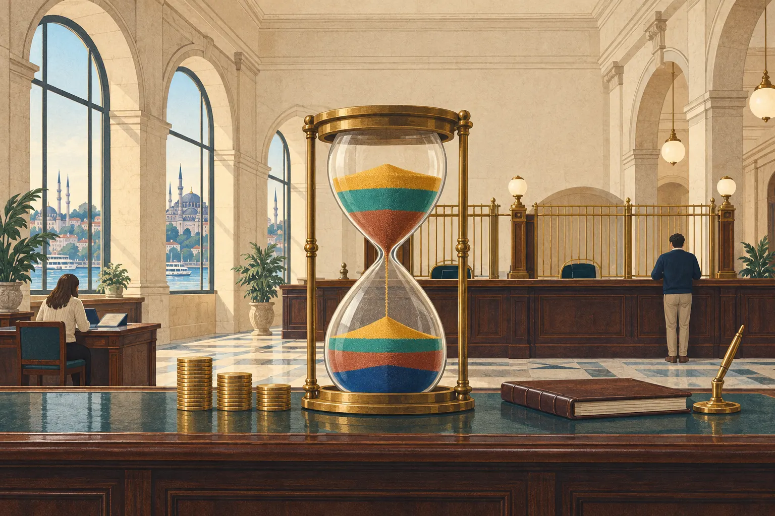 Illustration: eine Sanduhr aus Messing auf einem Bankschalter in einer Bankhalle mit hohen Bogenfenstern und Blick auf Istanbul; der Sand liegt in gelben, grünen, roten und blauen Schichten, daneben ein Münzstapel und ein Geschäftsbuch