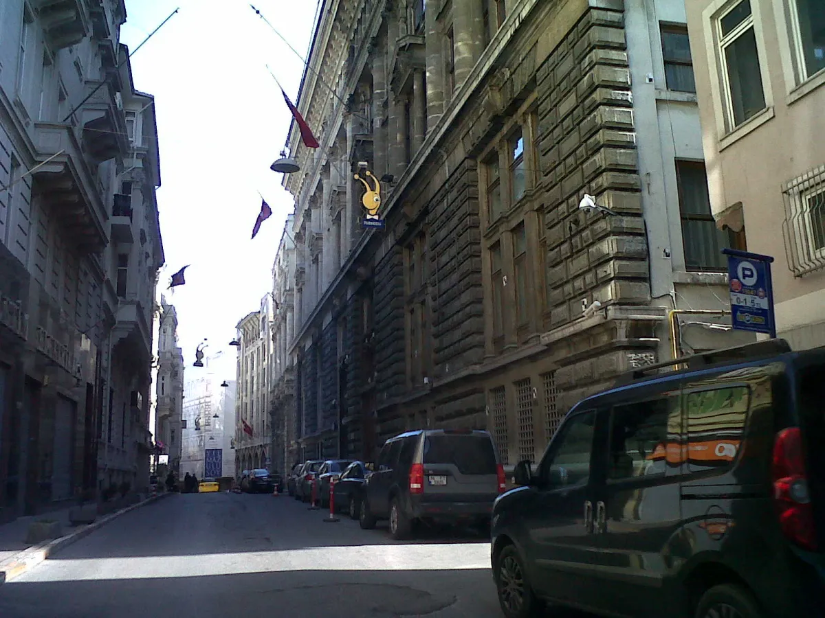 Bankalar Caddesi in Istanbul: a street of tall stone bank buildings with a tram line