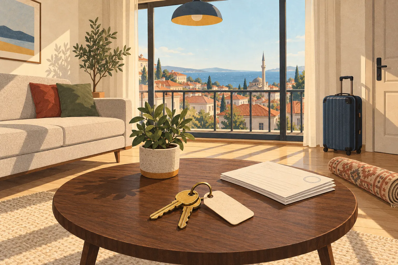 Ilustraci&oacute;n: el luminoso sal&oacute;n de un piso vac&iacute;o con un sof&aacute;, una mesita de madera con dos llaves de lat&oacute;n, papeles y una planta, una maleta cerrada junto a la pared y una ventana con vistas a los tejados, un minarete y el mar