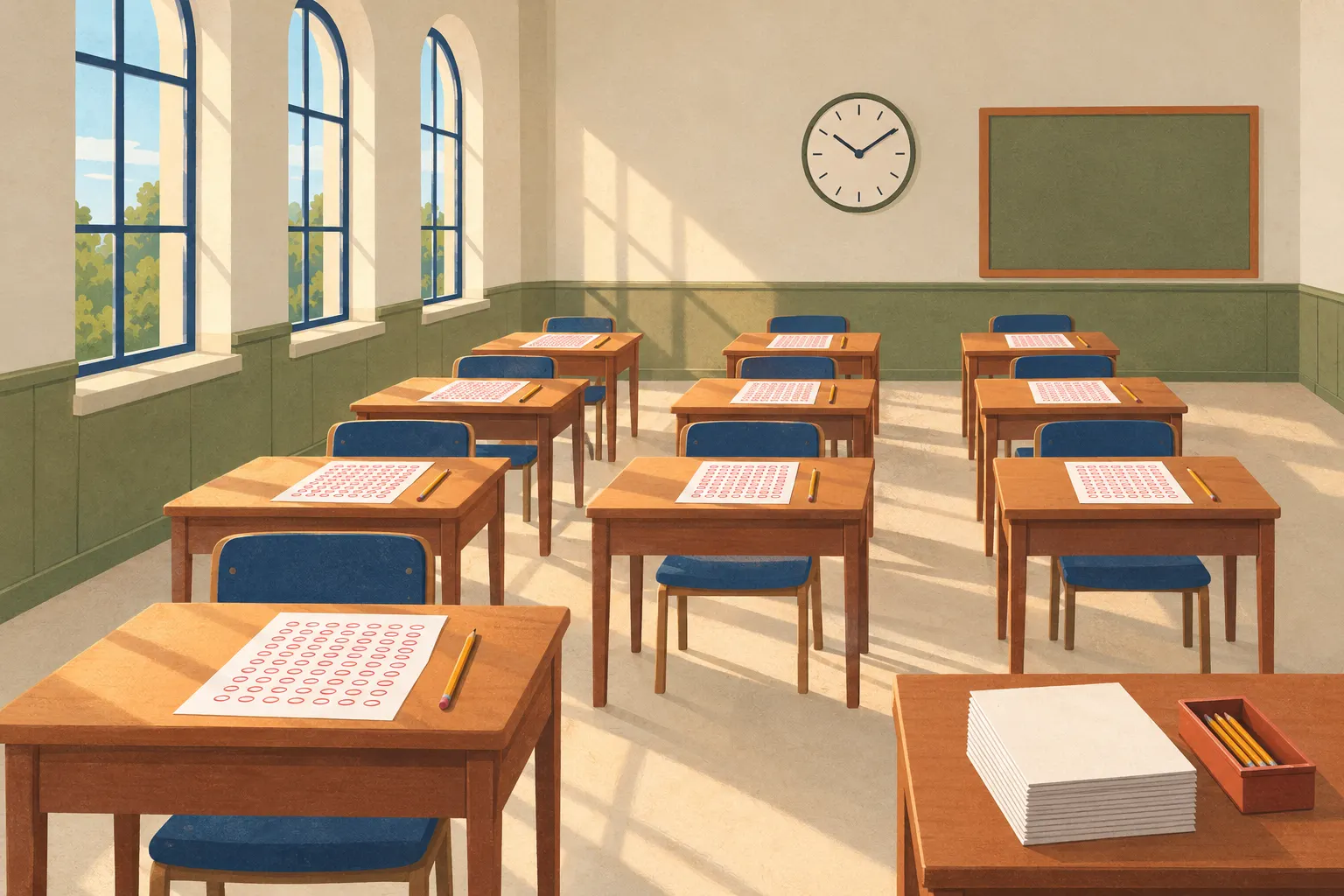 Ilustracja: pusta sala egzaminacyjna z rzędami drewnianych ławek, na każdej arkusz do odczytu optycznego z czerwonymi owalami i ołówek, zegar ścienny oraz tablica, światło słoneczne wpada przez wysokie okna