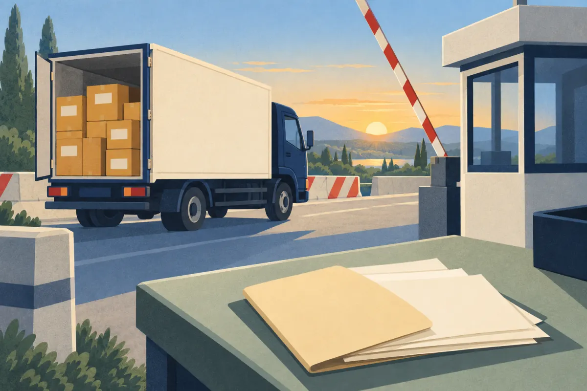 Illustration&nbsp;: un camion charg&eacute; de cartons de v&ecirc;tements &agrave; un poste-fronti&egrave;re au lever du soleil, et un dossier contenant des documents vierges.