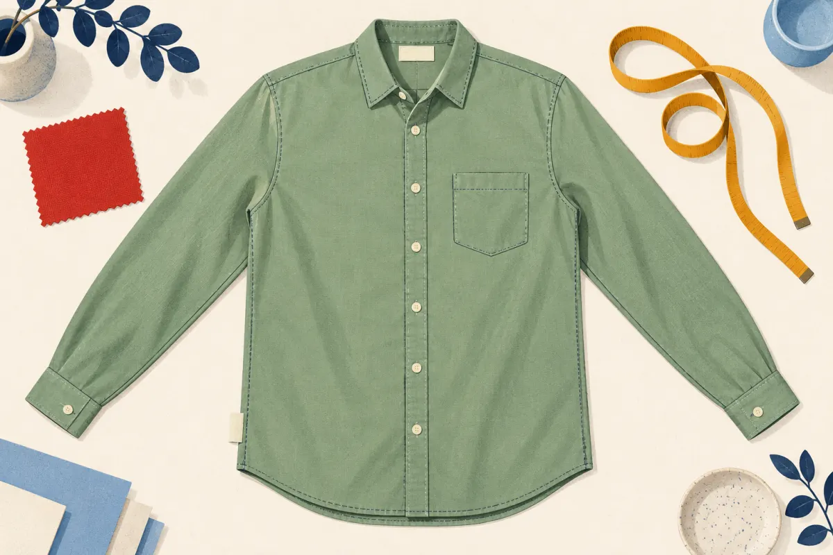 Illustration&nbsp;: une chemise verte pos&eacute;e &agrave; plat, aux coutures, boutons et &eacute;tiquettes vierges visibles, avec un &eacute;chantillon de tissu rouge et un m&egrave;tre de couture.