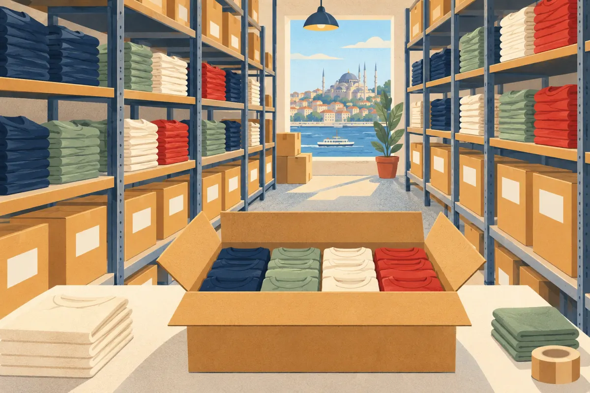 Illustration&nbsp;: un entrep&ocirc;t avec des s&eacute;ries de v&ecirc;tements pli&eacute;s et rang&eacute;s, et un carton ouvert pour l&rsquo;emballage.