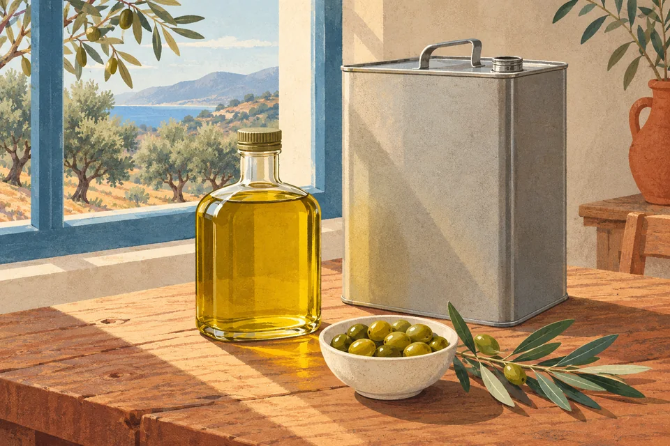 Une bouteille trapue en verre transparent contenant une huile vert dor&eacute;, pr&egrave;s d&rsquo;un bidon carr&eacute; uni et d&rsquo;un bol d&rsquo;olives, avec une oliveraie visible par la fen&ecirc;tre &agrave; l&rsquo;arri&egrave;re-plan