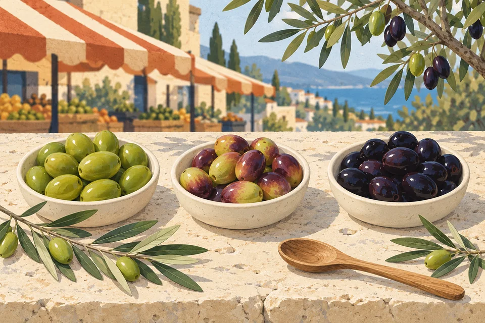 Trois petites coupelles sur une table en pierre&nbsp;: olives vertes &agrave; gauche, olives tournantes rose-violet au milieu, olives noires &agrave; droite, avec des feuilles d&rsquo;olivier et une cuill&egrave;re en bois