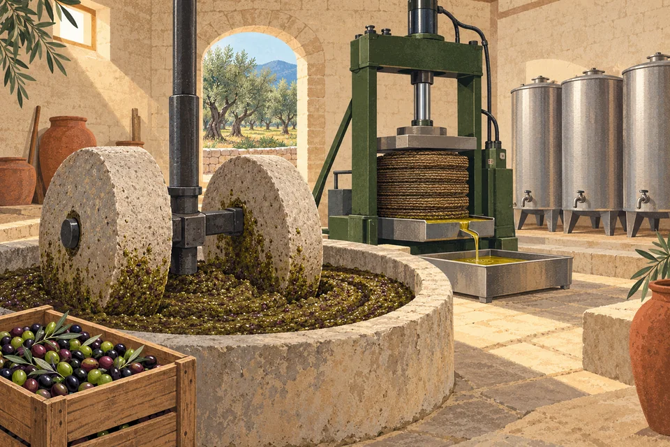 L&rsquo;int&eacute;rieur d&rsquo;un moulin &agrave; huile&nbsp;: deux meules en pierre sur de la p&acirc;te d&rsquo;olive, une presse hydraulique avec des scourtins empil&eacute;s, des cuves en acier et une caisse d&rsquo;olives