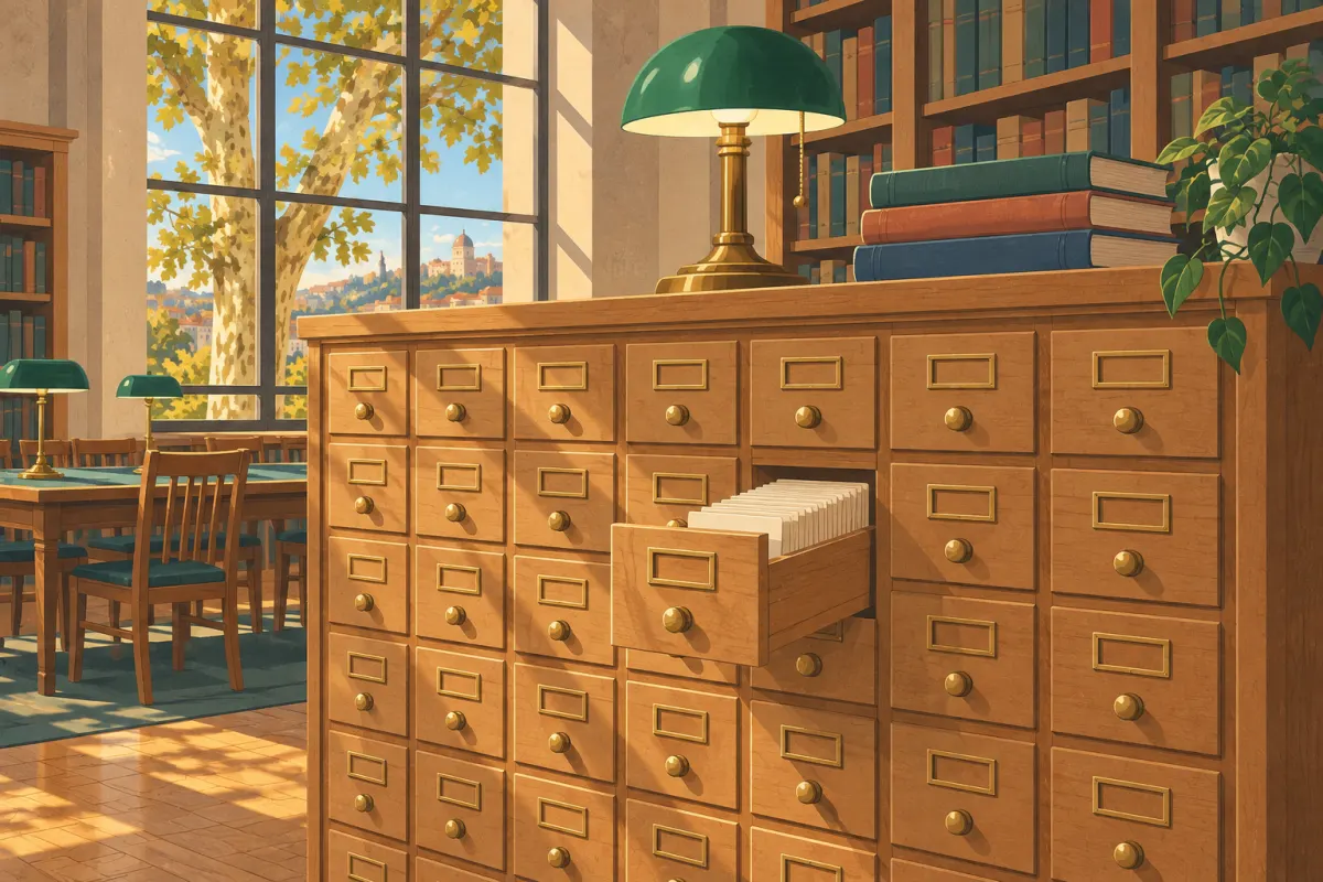 Ilustração: um fichário de biblioteca de madeira de bordo com fileiras de pequenas gavetas, cada uma com um puxador simples de latão e um porta-etiquetas de latão vazio; uma gaveta aberta com fichas de cor creme em branco na vertical; uma luminária de mesa com cúpula verde e uma pilha de livros fechados em uma sala de leitura tranquila