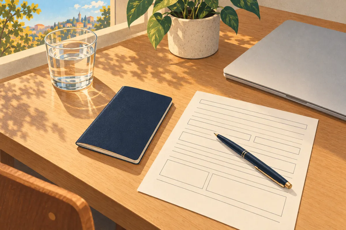 Ilustração: um passaporte com uma capa simples azul-escura sobre uma mesa de madeira ao lado de um formulário impresso com linhas pautadas em branco, uma caneta esferográfica e um notebook fechado; um copo de água, uma pequena planta e luz suave da janela