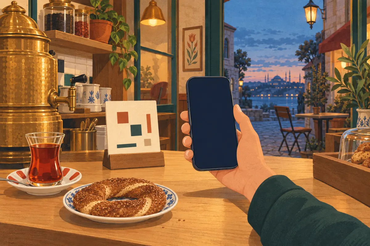 Ilustração: um pequeno café de rua ao anoitecer com lanternas de luz quente; uma mão segurando um smartphone com uma tela simples em branco em direção a um suporte sobre o balcão com um cartão com um padrão geométrico abstrato, um copo de chá e um prato de simit no balcão, uma cadeira vazia do lado de fora