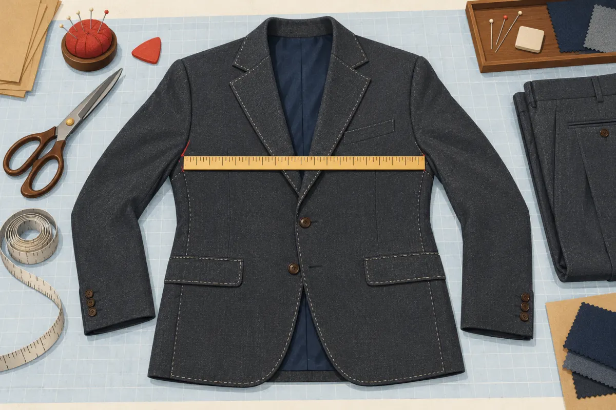 Illustration: a charcoal jacket laid flat on a pale cutting table with a wooden yardstick across its chest, beside tailor&rsquo;s shears, red chalk and folded trousers