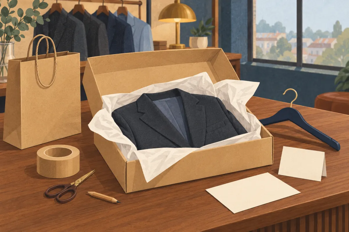 Illustration: an open cardboard box on a wooden counter with a folded charcoal jacket in tissue paper, and beside it a paper bag, a roll of tape, scissors, a pencil, two blank cards and an empty hanger