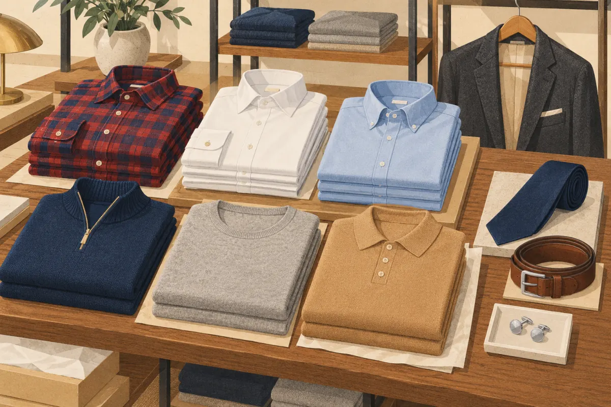 Illustration: folded men&rsquo;s shirts and knitwear on a wooden shop table: a red and navy plaid flannel shirt, a white shirt, a pale blue oxford, a navy half-zip knit, a grey sweatshirt and a camel polo knit, beside a rolled navy tie, a leather belt and cufflinks on a tray, with a charcoal blazer on a hanger behind