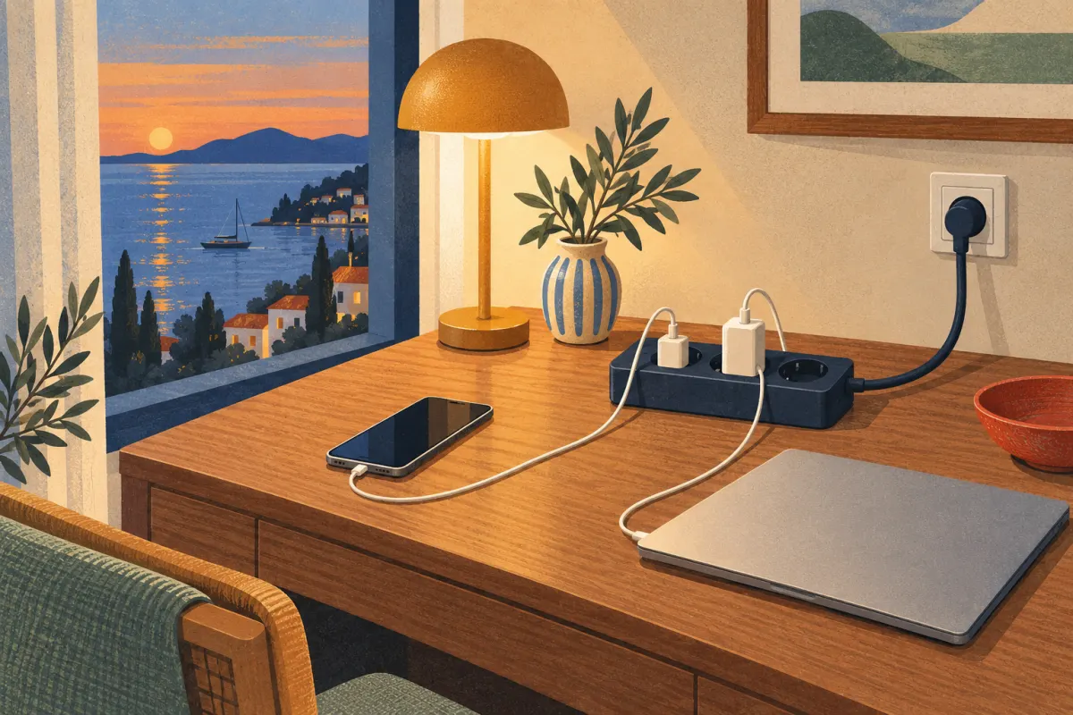 Illustrazione: una ciabatta Schuko sulla scrivania di un hotel con caricatori per telefono e portatile