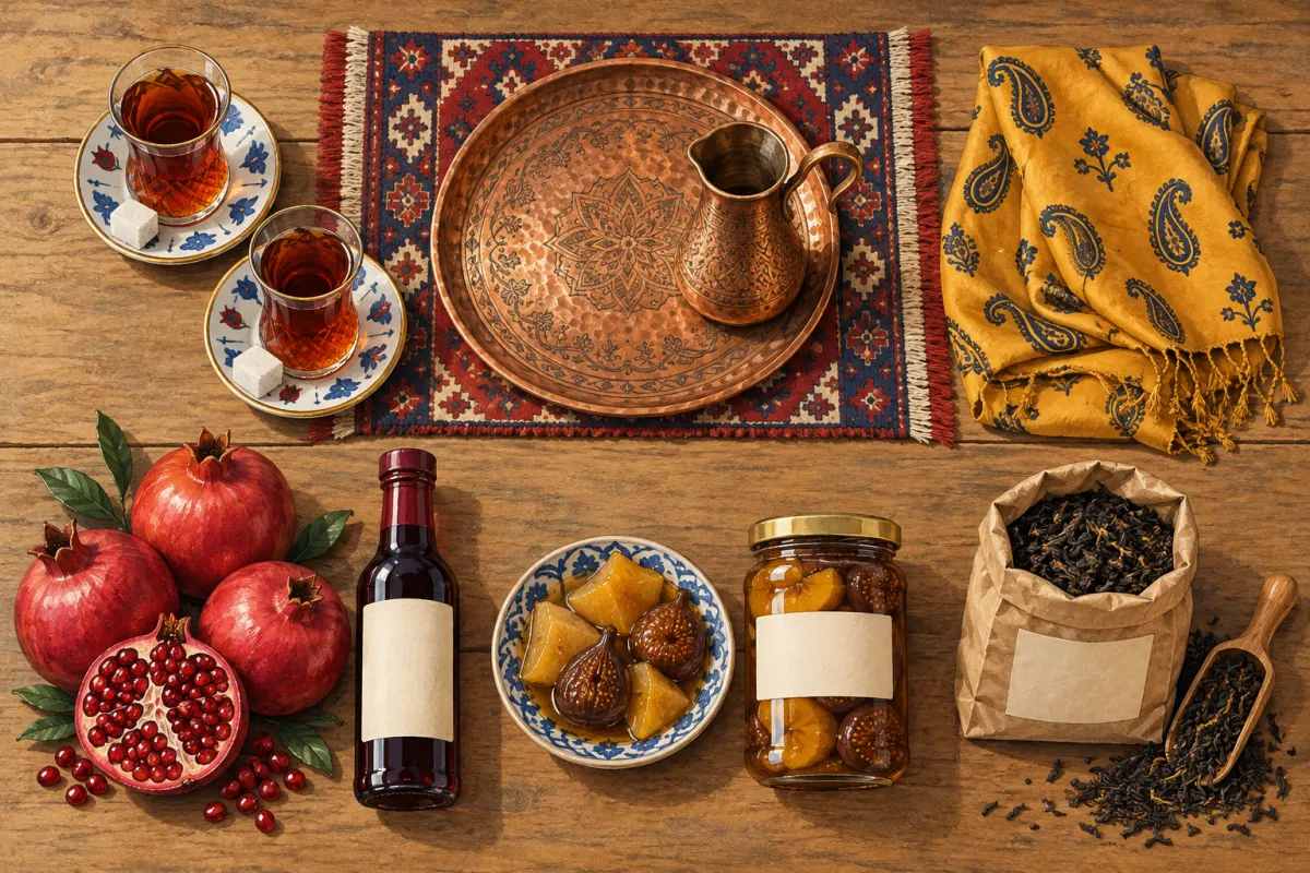Illustrazione: su un tavolo di legno, visto dall&rsquo;alto, due bicchieri armudu con t&egrave;, un vassoio e una brocca di rame, un foulard di seta piegato con motivo buta, melagrane e una bottiglia di salsa di melagrana, un vasetto di confettura e un pacchetto di t&egrave;