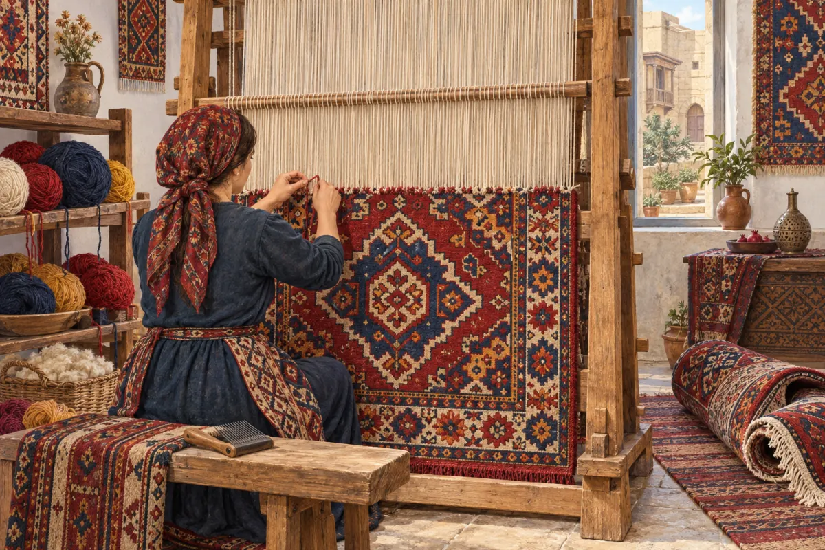 Illustrazione: una tessitrice seduta davanti a un grande telaio di legno. La parte inferiore del tappeto &egrave; gi&agrave; tessuta: un fondo rosso con medaglioni blu e bianchi. Accanto, gomitoli di lana su uno scaffale