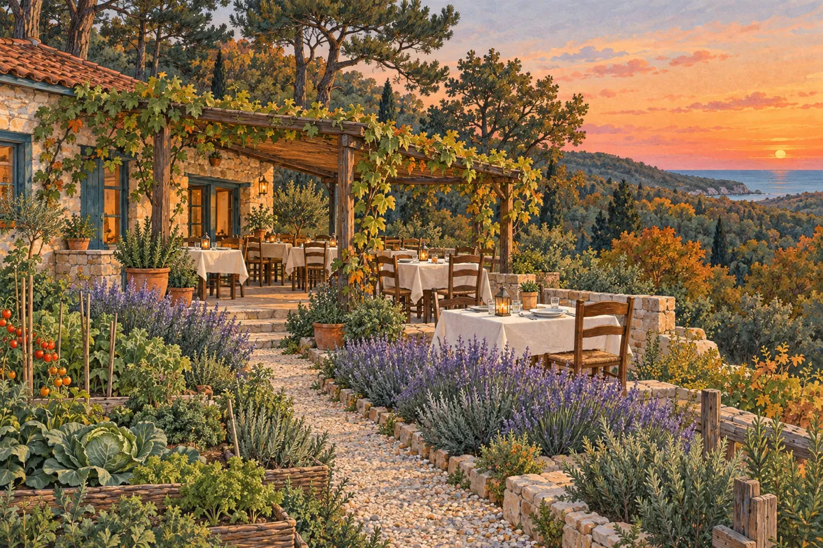 Ilustraci&oacute;n: una terraza ajardinada con mesas puestas bajo una p&eacute;rgola de parras, lavanda y un huerto, con el mar iluminado al atardecer