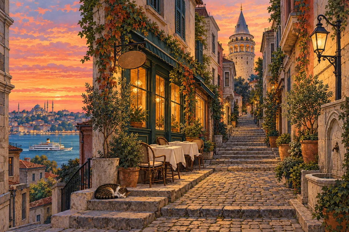 Ilustraci&oacute;n: una calle empedrada de Karak&ouml;y al anochecer que sube hacia la Torre de G&aacute;lata, con ventanas de restaurantes iluminadas y mesas vac&iacute;as