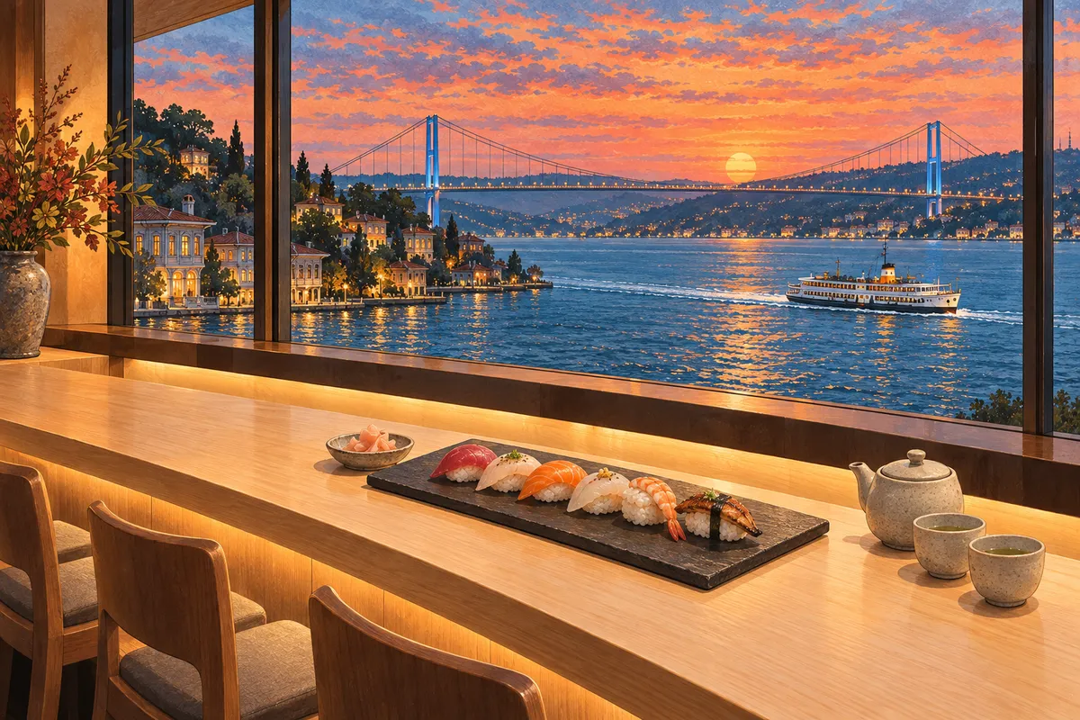 Ilustraci&oacute;n: una barra de sushi de madera clara con seis piezas de nigiri y un juego de t&eacute;, frente a una ventana con vistas al B&oacute;sforo y a un puente colgante