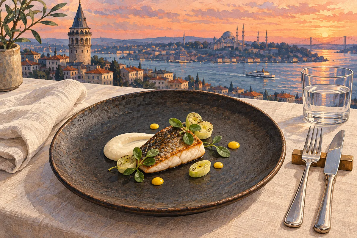 Ilustraci&oacute;n: un plato de un men&uacute; degustaci&oacute;n servido en un plato oscuro, en una mesa junto a una ventana, con la Torre de G&aacute;lata al fondo
