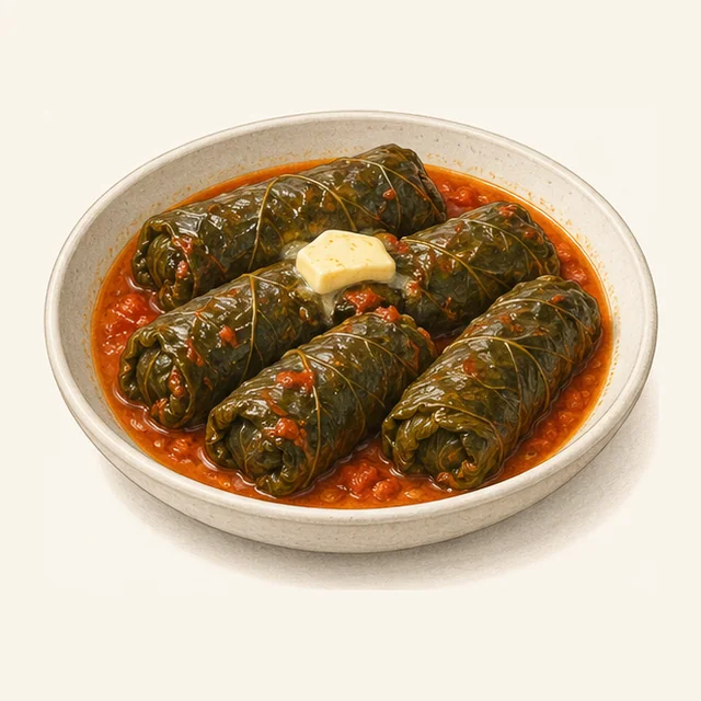 Rollos de col verde oscuro en una fuente poco profunda con salsa de tomate