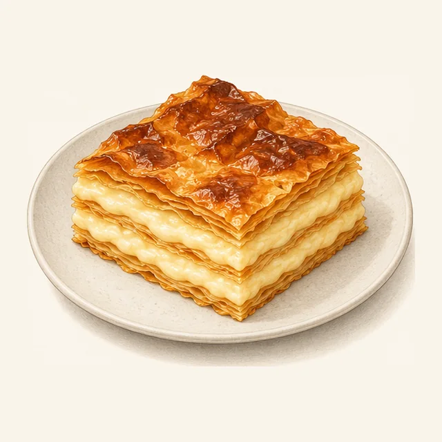 Una porci&oacute;n cuadrada de masa en capas con un relleno de crema p&aacute;lida sobre un plato liso