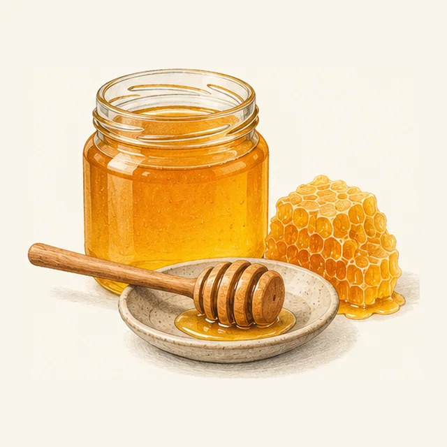 Un tarro de cristal de miel dorada con un palito de madera para miel sobre un platillo y un trozo de panal
