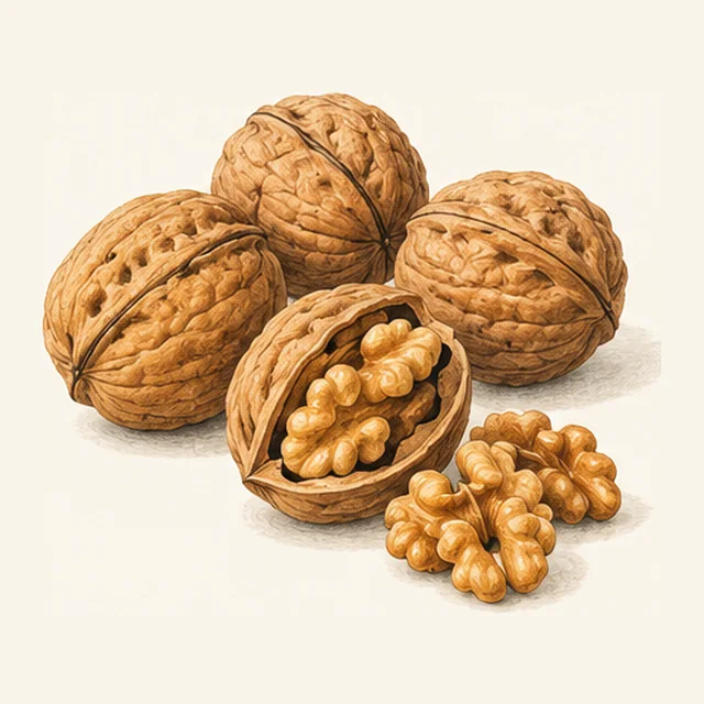 Cuatro nueces con c&aacute;scara, una abierta con las dos mitades del fruto al lado