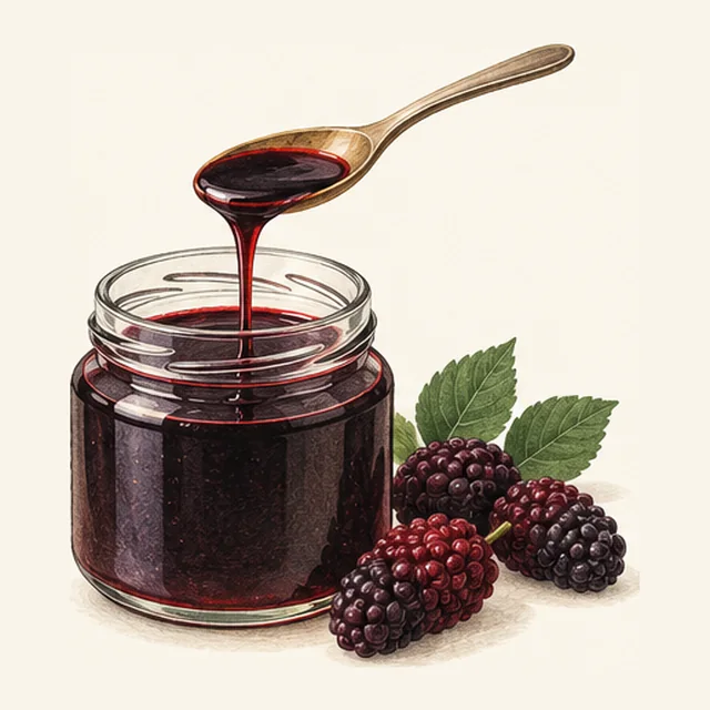 Un tarro de cristal con un jarabe muy oscuro y espeso, con una cuchara y unas moras frescas al lado
