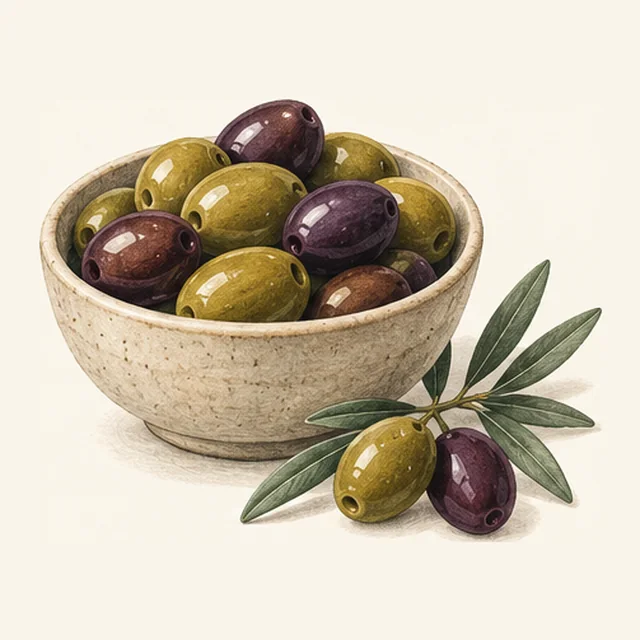 Un cuenco peque&ntilde;o de aceitunas verdes y moradas oscuras con una ramita de hojas de olivo