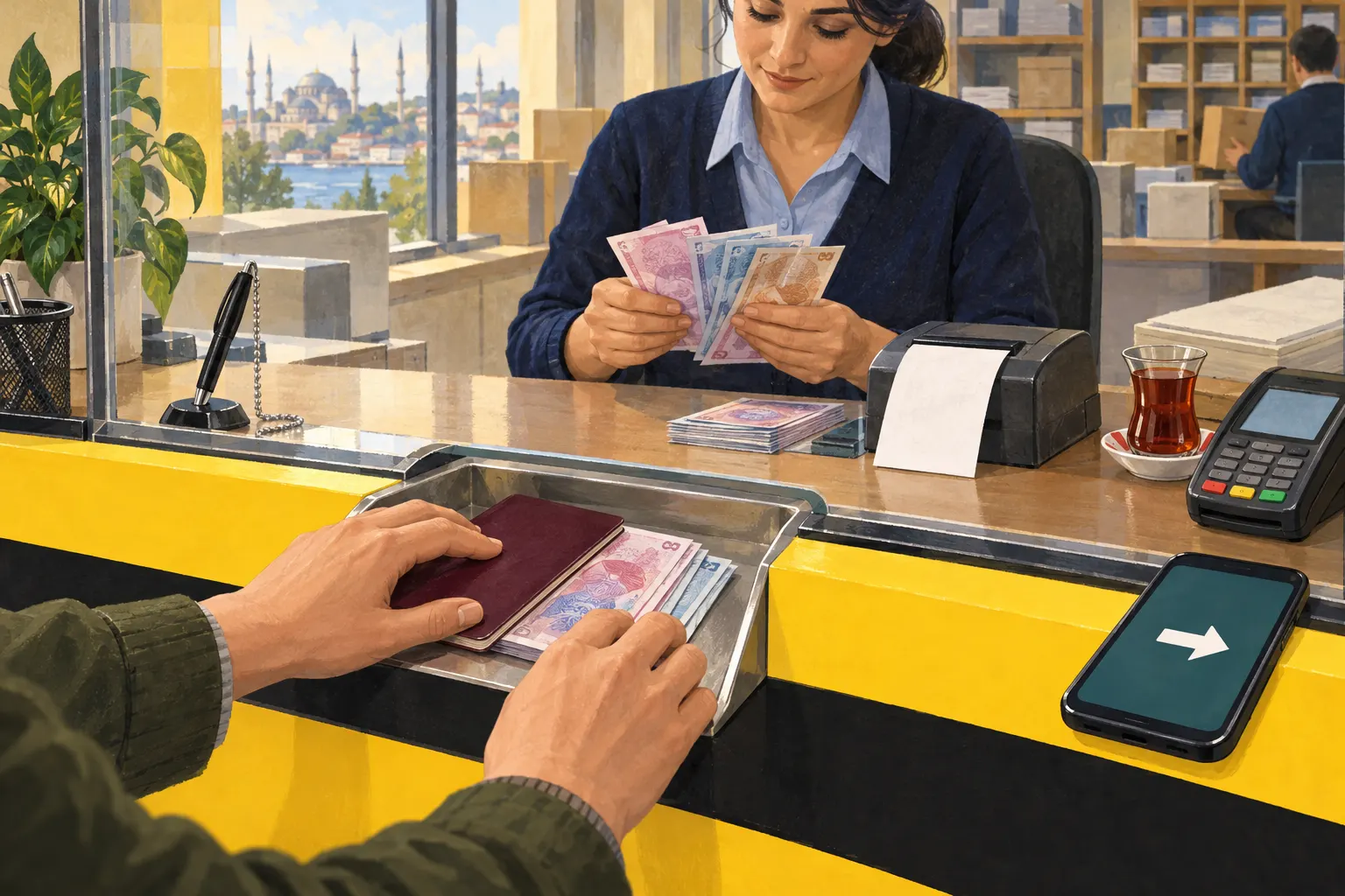 Illustration: a post office counter in Turkey with a yellow and black stripe; a customer places a passport and cash in the tray beneath the glass while the clerk counts lira banknotes