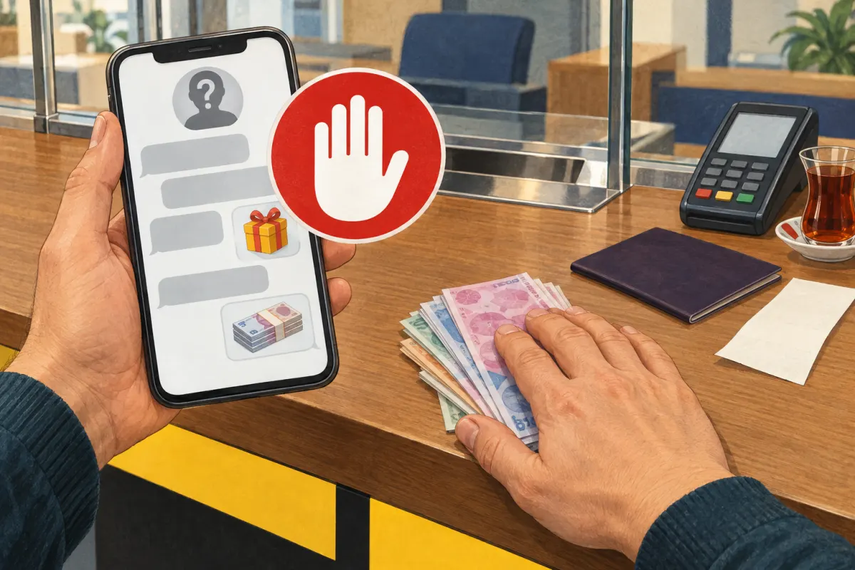 Illustration: a phone displays a chat with an unknown contact, with a gift and a stack of money in the messages; a red palm-shaped “stop” sign overlays the screen while another hand holds banknotes against the table