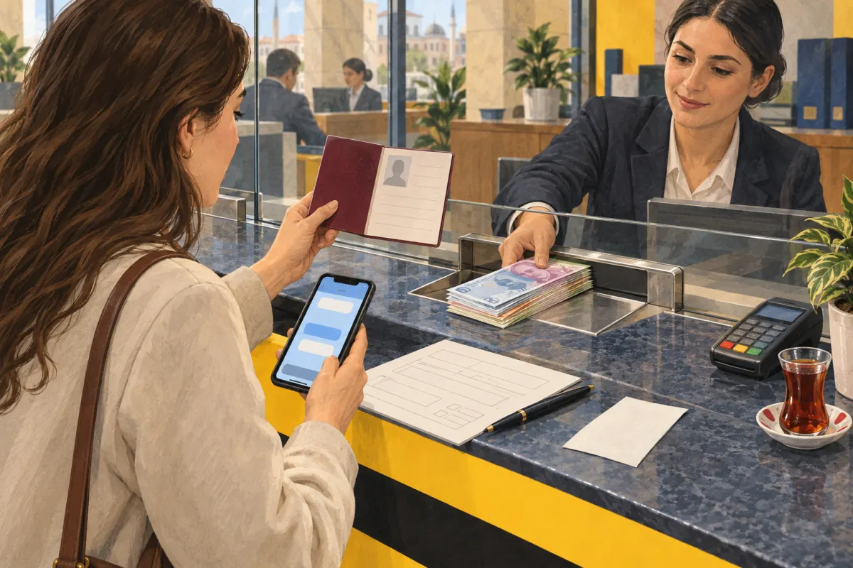 Illustration: a young woman at a bank counter shows her passport while holding a phone; the clerk passes her a stack of banknotes through the tray beneath the glass